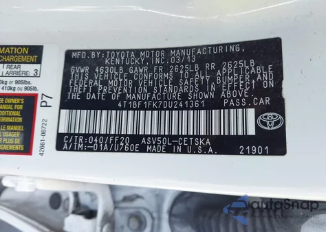 2013 Toyota Camry Se from USA, damaged, VIN 4T1BF1FK7DU241361